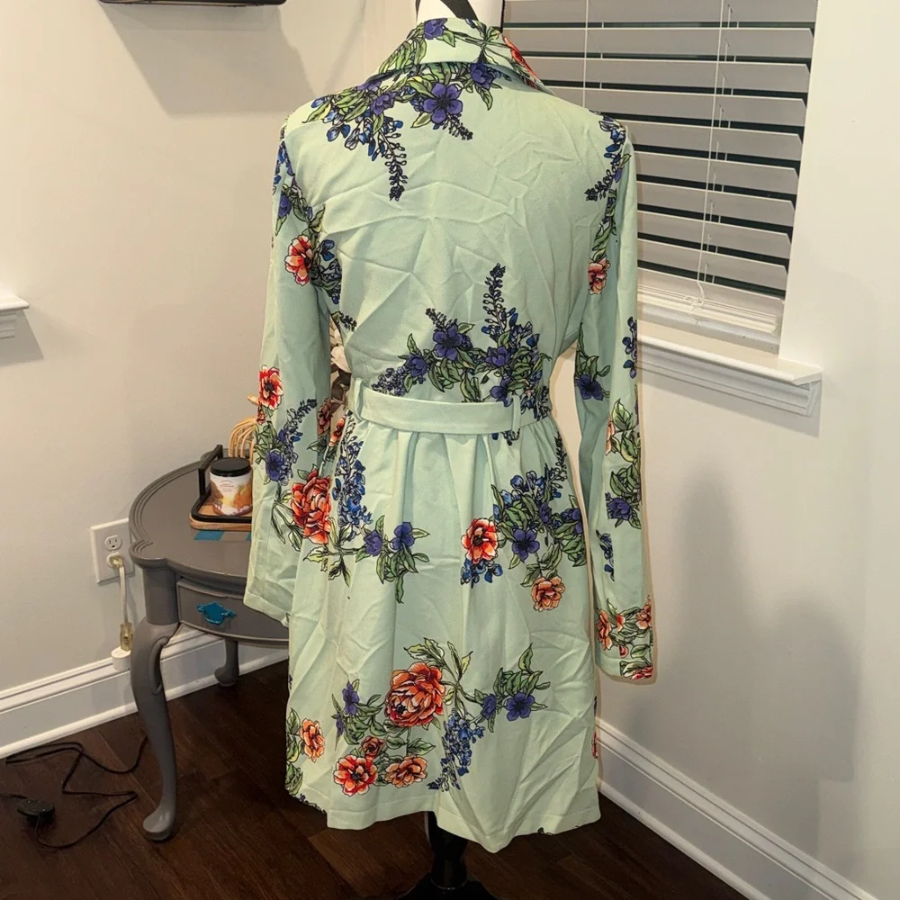 Modcloth Profound Pizzazz Mint Floral Trench Coat Size L - Picture 4 of 11